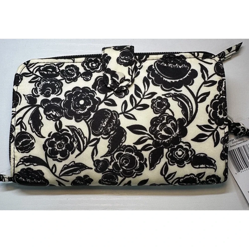 NWT Vera Bradley Large Tab Nylon Wallet Bubbly Flowers Black Pattern MSRP $95.00 - Picture 7 of 13